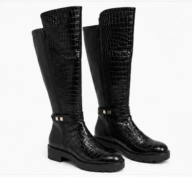 Bottes hautes Bruno Premi neuves en cuir noir – Effet croco – Taille 35